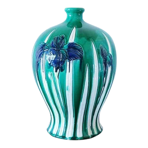 Early 20th Century Japanese Awaji Pottery Vase in Green Glaze Depicting Iris Flowers