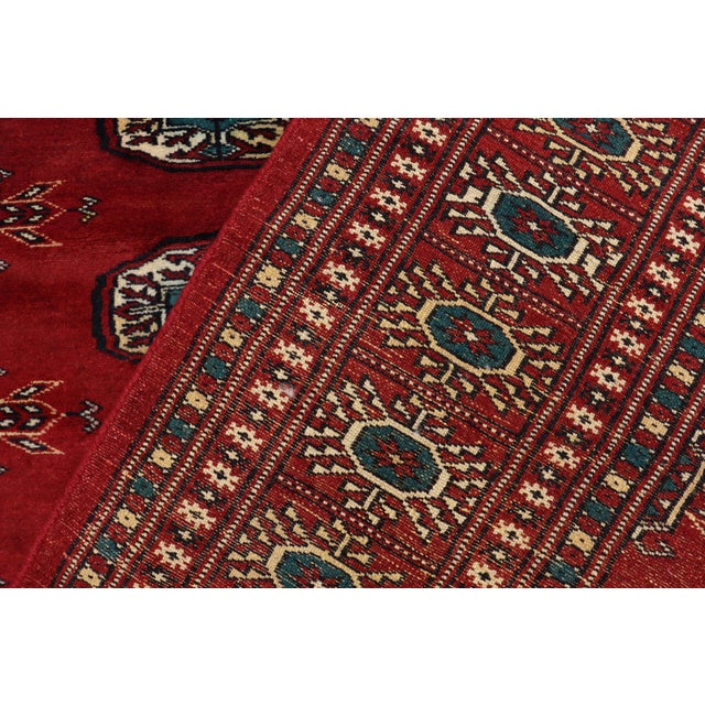 Red Rustic Bokhara Red Green Hand Knotted Rug For Sale - Image 8 of 9
