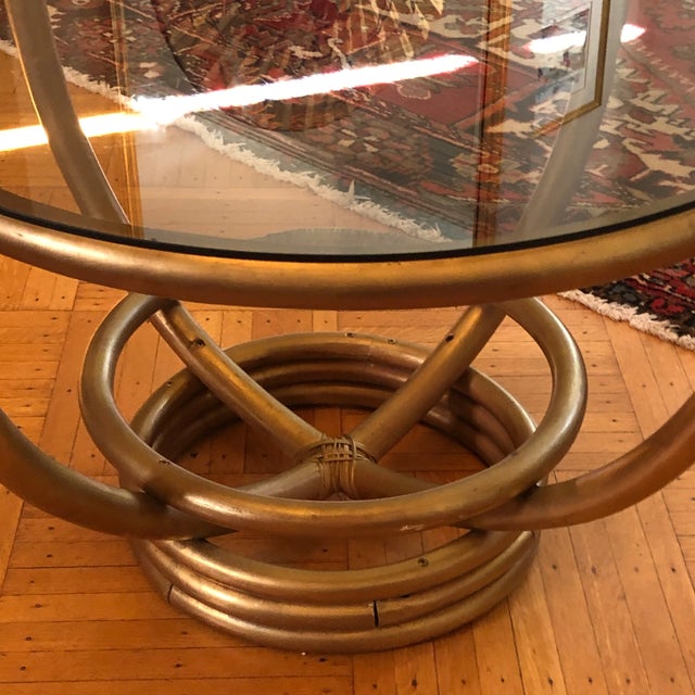 Chinoiserie Circa 1960 Gilt Rattan and Smoked Glass Bamboo Coffee Table For Sale - Image 3 of 10