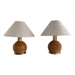 Italian Rattan Table Lamps with Brass Details from Vivai del Sud, 1970s, Set of 2 For Sale