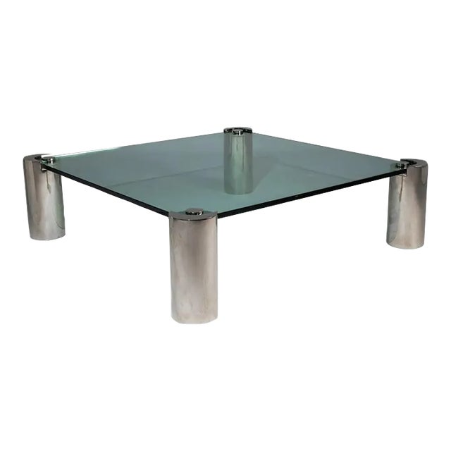 Mid-Century Modern Karl Springer Signed Chrome Coffee, Cocktail Table, Glass Top For Sale