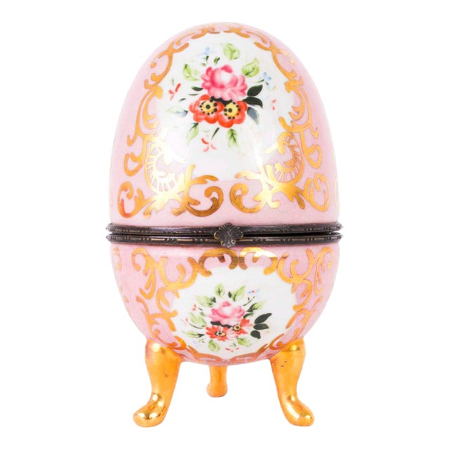 Hand Painted Rose Pink Porcelain Egg in the Style of Dresden For Sale