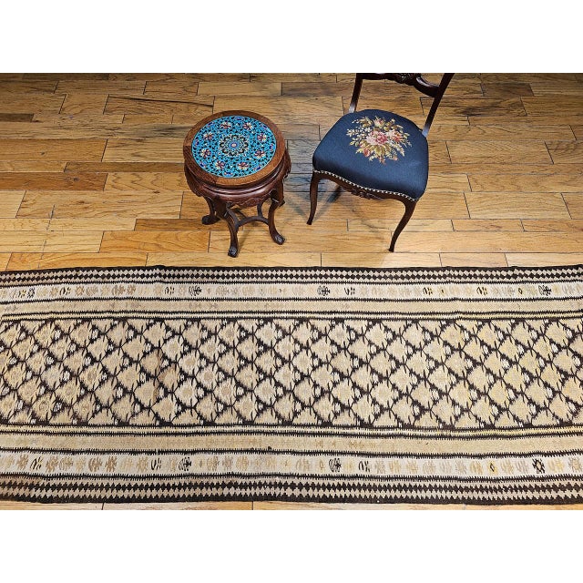 Vintage Persian Qazvin Tribal Kilim Runner, Handwoven Wool, Allover Paisley Pattern, Tan & Brown, 3x11 For Sale - Image 10 of 18