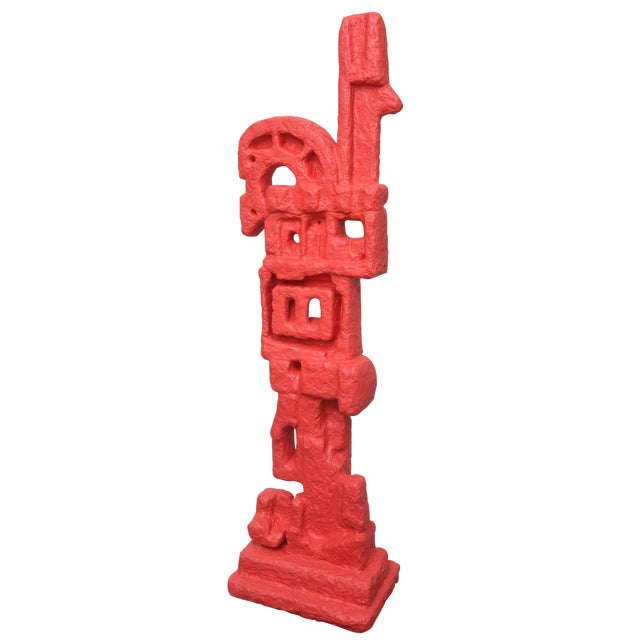 Life Size Red Totem Molded Fiberglass and Plaster of Paris Abstract Floor Indoor Sculpture For Sale