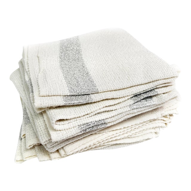 Vintage Mid-Century Metallic Sparkling Silver & White Cloth Table Linen Napkins - Large Matching Set of 18 For Sale