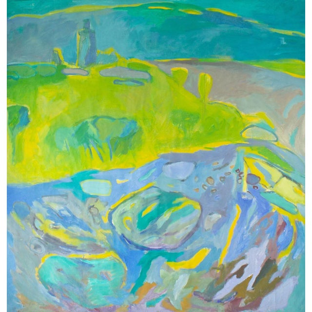 An oil on canvas by the American artist Abbott Pattison (1916-1999). The painting depicts an abstract landscape in shades...