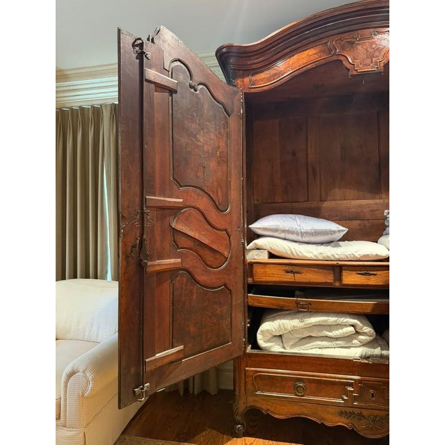 18th Century French Louis XV Walnut Armoire With Burr Elm, Chevron Inlay, Circa 1770 For Sale - Image 9 of 17