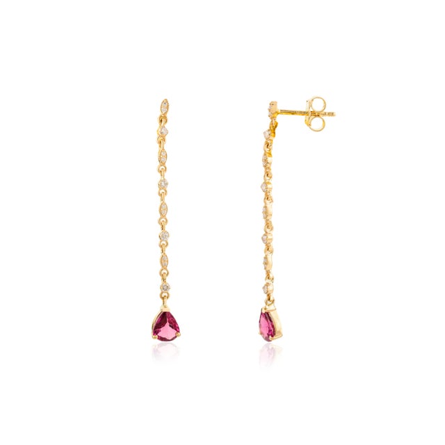 Art Nouveau Ruby Drop Dangle Chain Earrings With Diamonds in 18k Gold- A Pair For Sale - Image 3 of 8