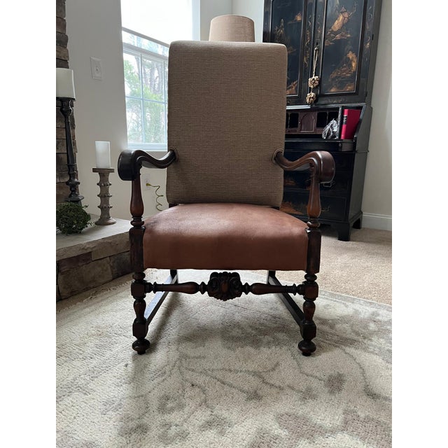 newly reupholstered in saddle, color, vegan leather and linen look Chanel fabric, this vintage carved wood chair has that...