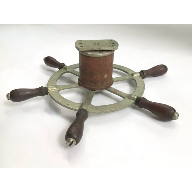 Silver Circa 1940s Boat Steering Wheel With Wood Handles/Column For Sale - Image 8 of 10