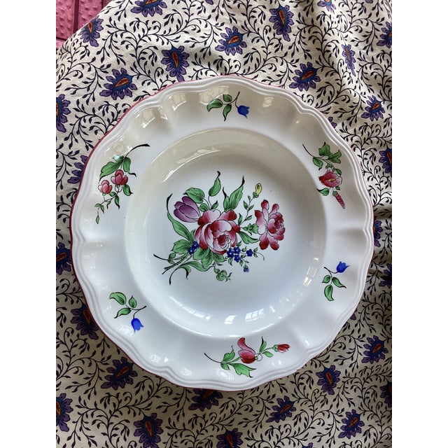 Authentic French Faience hand-painted soup bowls and dinner plates. Set of 12 pieces. No chips or crack. Excellent condition.