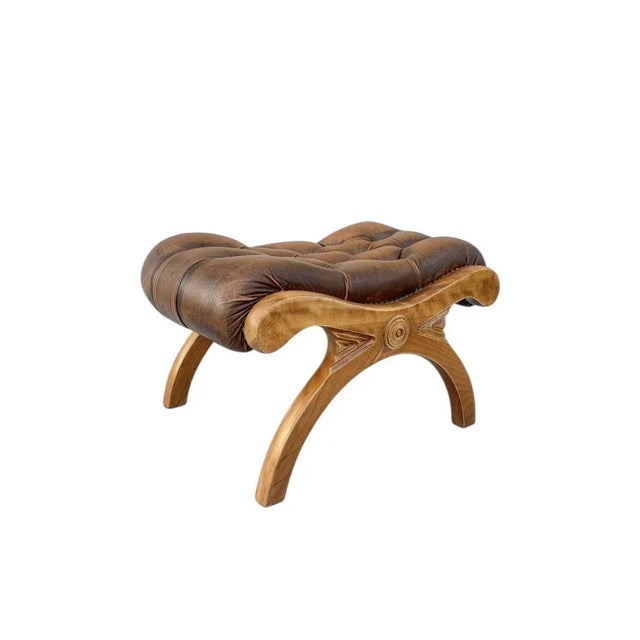 Chesterfield Ottoman in Carved Wood and Leather, 1960s For Sale - Image 15 of 16