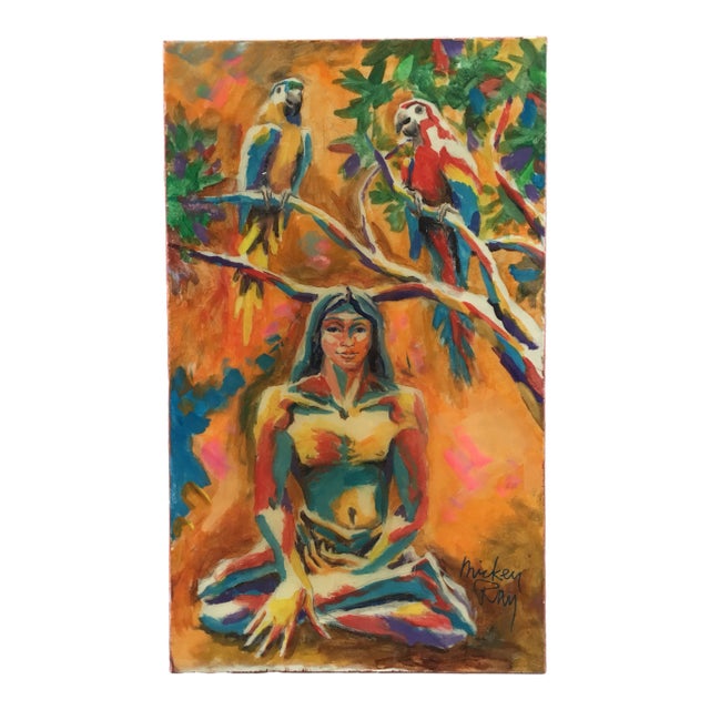 Bright Painting of Figure and Birds For Sale