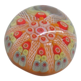 Orange and Yellow Millefiori Art Glass Rounded Paperweight White Latticino 4846b For Sale