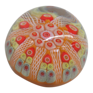 Orange and Yellow Millefiori Art Glass Rounded Paperweight White Latticino 4846b