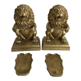 Vintage Gold of Lion Shield Bookends - a Pair For Sale