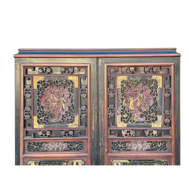 Wood Vintage Oriental Black Red Gold Scenery Carving Storage Cabinet For Sale - Image 7 of 10