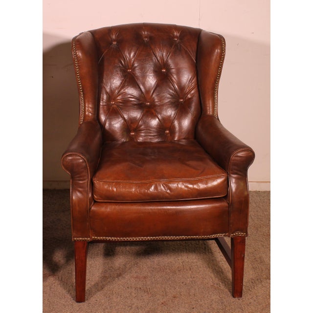 Vintage Wingback Chesterfield Chairs in Brown Leather, 1990s, Set of 2 For Sale - Image 4 of 11