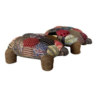 Coastal Multi Colored Patchwork Upholstered Turtle Ottoman Footstools-Pair For Sale