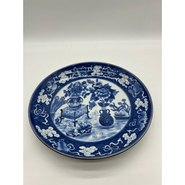 Vintage Chinese Porcelain Blue Decorated Charger With a Brass Rim, Circa 1930's For Sale - Image 11 of 11