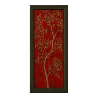 Late 20th Century Hand-Painted Floral Cherry Blossom Wood Art Panel With Dark Olive Architectural Frame For Sale