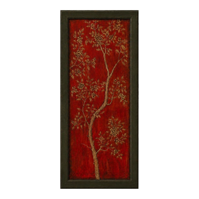 Late 20th Century Hand-Painted Floral Cherry Blossom Wood Art Panel With Dark Olive Architectural Frame For Sale