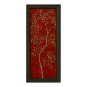 Late 20th Century Hand-Painted Floral Cherry Blossom Wood Art Panel With Dark Olive Architectural Frame
