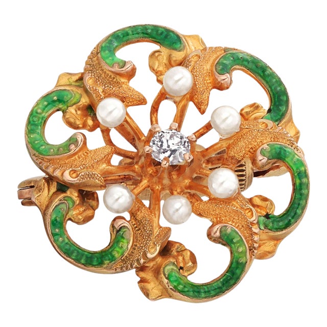 Vintage 18k Yellow Gold Diamond & Pearl Enameled Pin Brooch For Sale