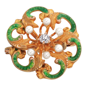 Vintage 18k Yellow Gold Diamond & Pearl Enameled Pin Brooch