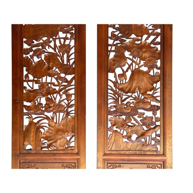 4 Pcs Chinese Brown Stain Lotus Pond Ducks Fishes Wood Panel Floor Screen For Sale In San Francisco - Image 6 of 9