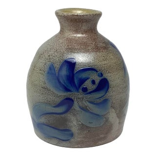 1980s Handcrafted Stoneware Pottery With Blue Decoration Signed by Jim Davis For Sale