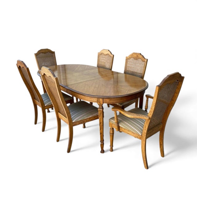 Oak and Cane Dining Set With Oval Extending Table and Six Chairs For Sale In Los Angeles - Image 6 of 7