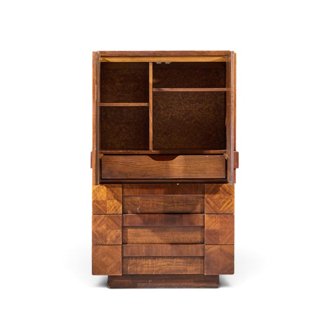 Lane Staccato Brutalist Mid Century Walnut Armoire Highboy Dresser For Sale - Image 9 of 11