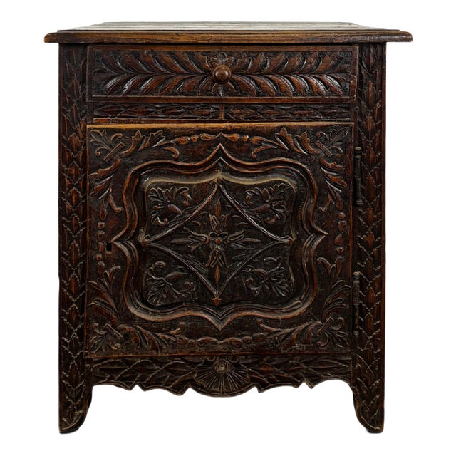 Breton Cabinet in Carved Oak with Door and Drawer For Sale