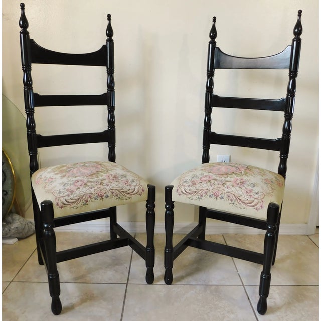Pair Vintage Ladderback Chairs - Courting Couple Tapestry Seats For Sale - Image 4 of 11