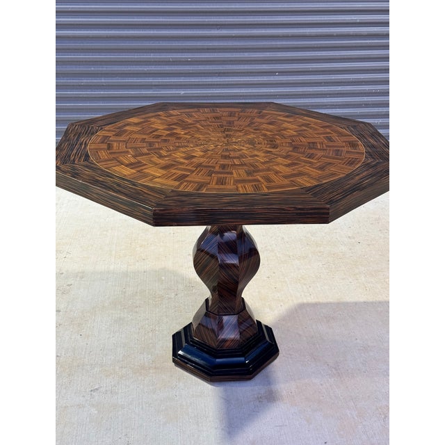 Art Deco 1950s French Art Deco Style Octagonal Center / Foyer Table in Zebrano Wood & Parquetry Finish For Sale - Image 3 of 6