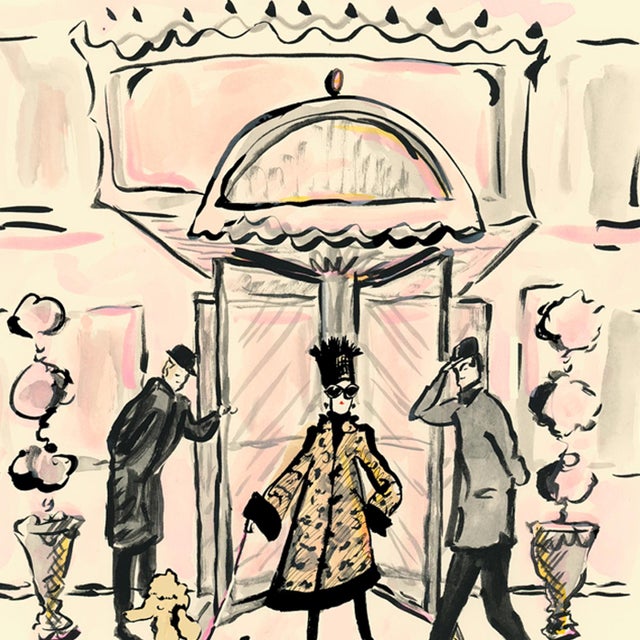A fanciful lady goes on a stroll with her poodle and is greeted by the doormen in front of a Park Avenue inspired...