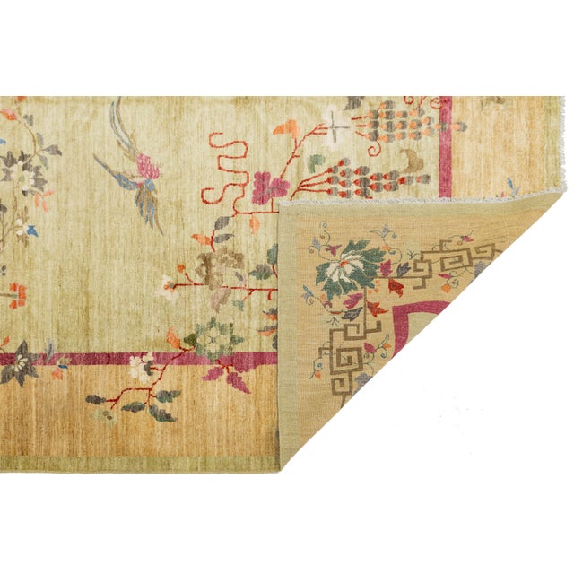 Chinoiserie Sage Green Modern Chinese Style Wool Area Rug – Hand-Knotted Chinoiserie Floral For Sale - Image 3 of 11