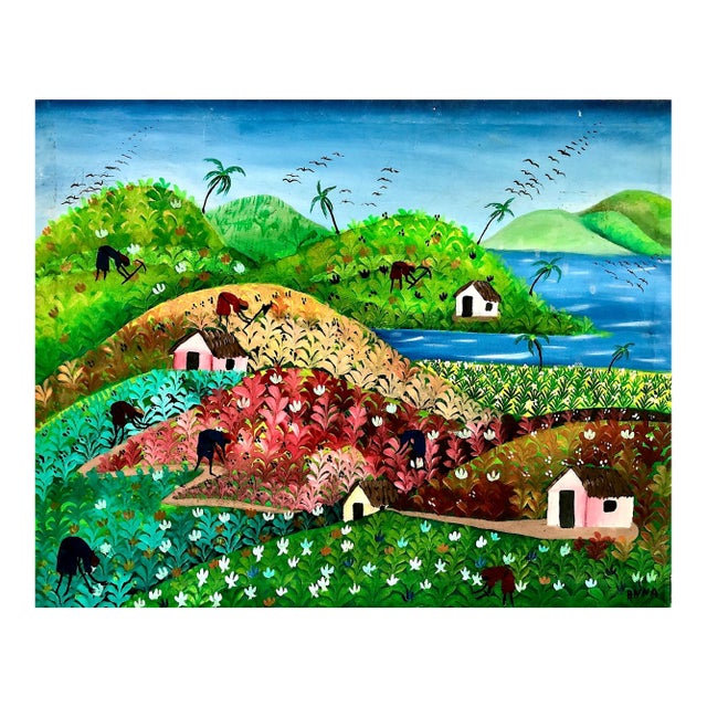 1950s Haitian Countryside Folk Art Painting For Sale