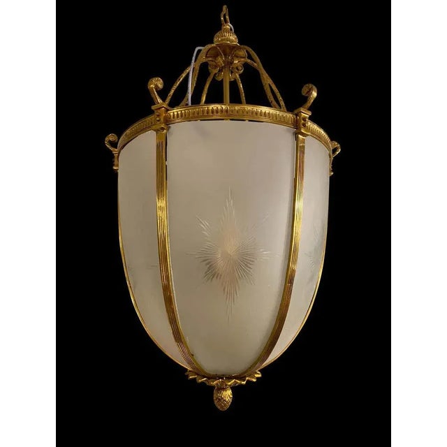 Large 20th-Century Hanging Frosted Glass and Ormolu Lantern For Sale - Image 9 of 13