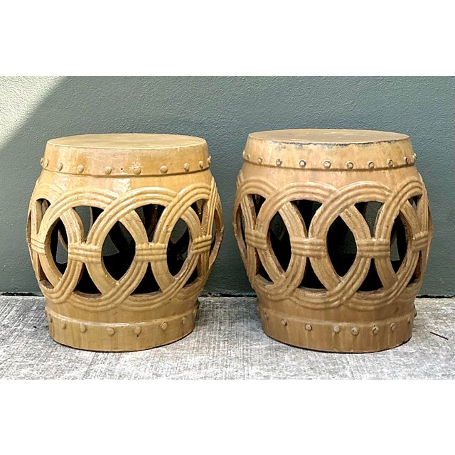 Vintage Glazed Ceramic Rings Low Stools - A Pair For Sale - Image 10 of 12