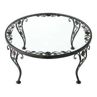 Black Wrought Iron Rose Patio Coffee Table With Round Glass Top by Woodard, Mid-20th Century For Sale