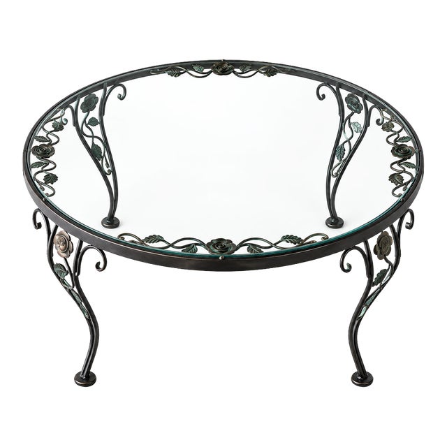 Black Wrought Iron Rose Patio Coffee Table With Round Glass Top by Woodard, Mid-20th Century For Sale