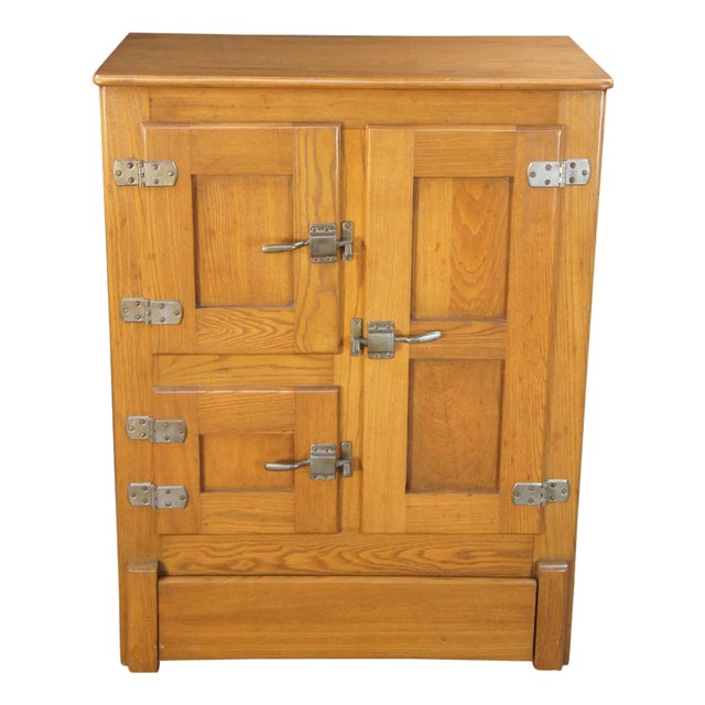 Antique American Oak Farmhouse Kitchen Pantry Ice Box Refrigerator Bar Cabinet For Sale