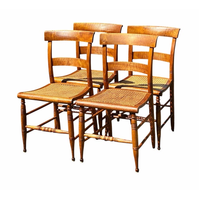 Farmhouse Antique Set of Four Tiger Maple Federal Period Dining Chairs For Sale - Image 3 of 12