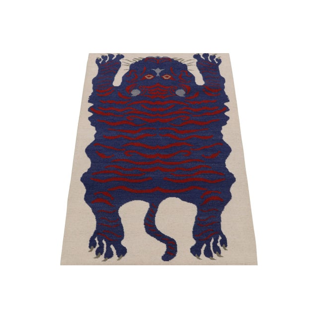 Traditional 2010s Rug & Kilim’s Tiger-Skin Rug in White With Blue & Red Pictorial For Sale - Image 3 of 8