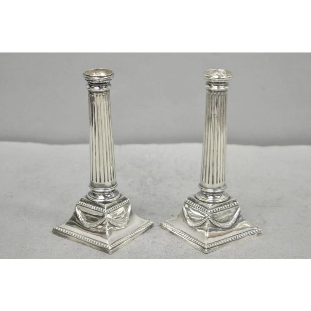 Vintage English Regency Silver Plated Classical Column Small Candlesticks - Pair. Circa Mid 20th Century. Measurements:...