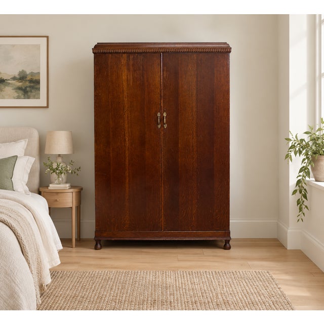 An antique Compactum wardrobe in dark oak, featuring decorative brass handles, carved cornice detailing and turned feet....