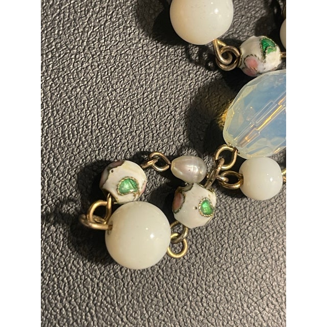 Mid-Century Modern 1950s Jewelry Bohemia Czech Opaline & Milk Glass With Cloisonné and Pearl Accent Beads. For Sale - Image 3 of 6
