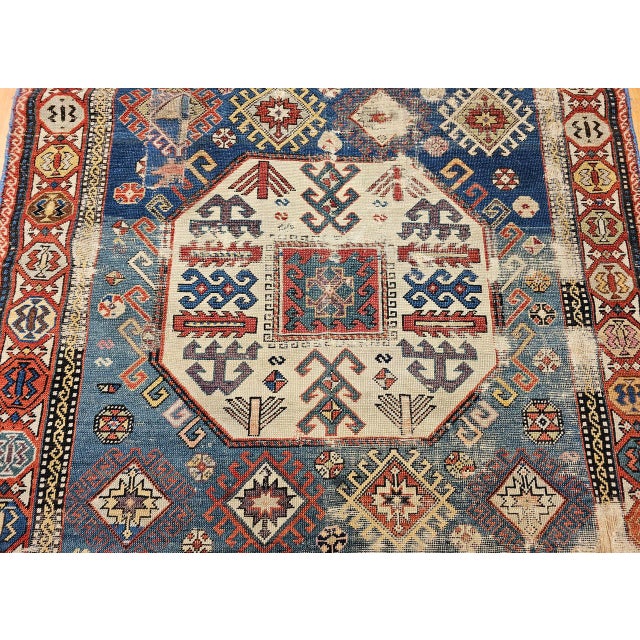 Antique Caucasian Kazak Rug, Medallion Pattern, Hand-Knotted Wool, Blue & Red, 4' x 8' For Sale - Image 10 of 16